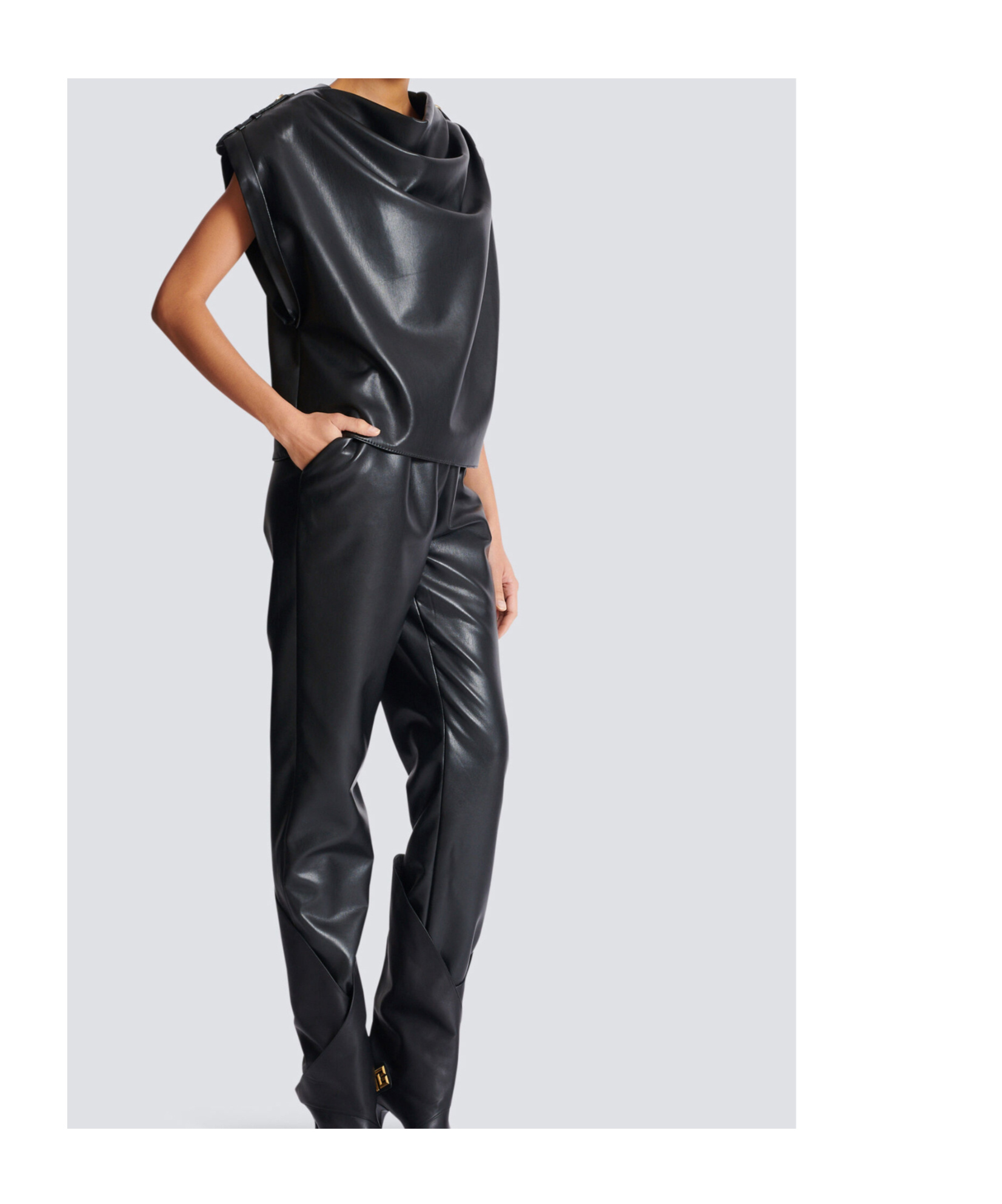 Balmain Drapiertes Oberteil Aus Faux-leder In Black