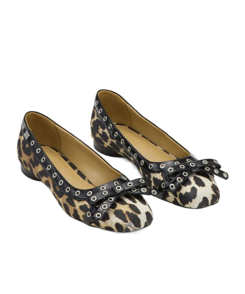 Ganni Eyelet Bow Leopard-print Satin Ballet Flats In Black