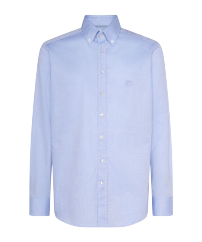 Etro Logo Cotton Button Down Shirt In Sky Blue