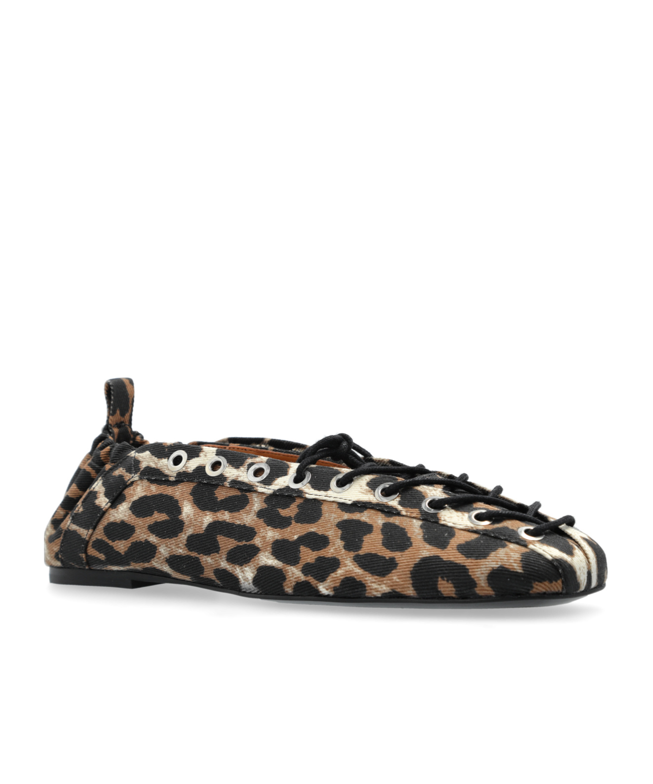 Ganni Brown Lace-up Ballerinas With Metal Eyelets And All-over Print In Fabric Woman In Black