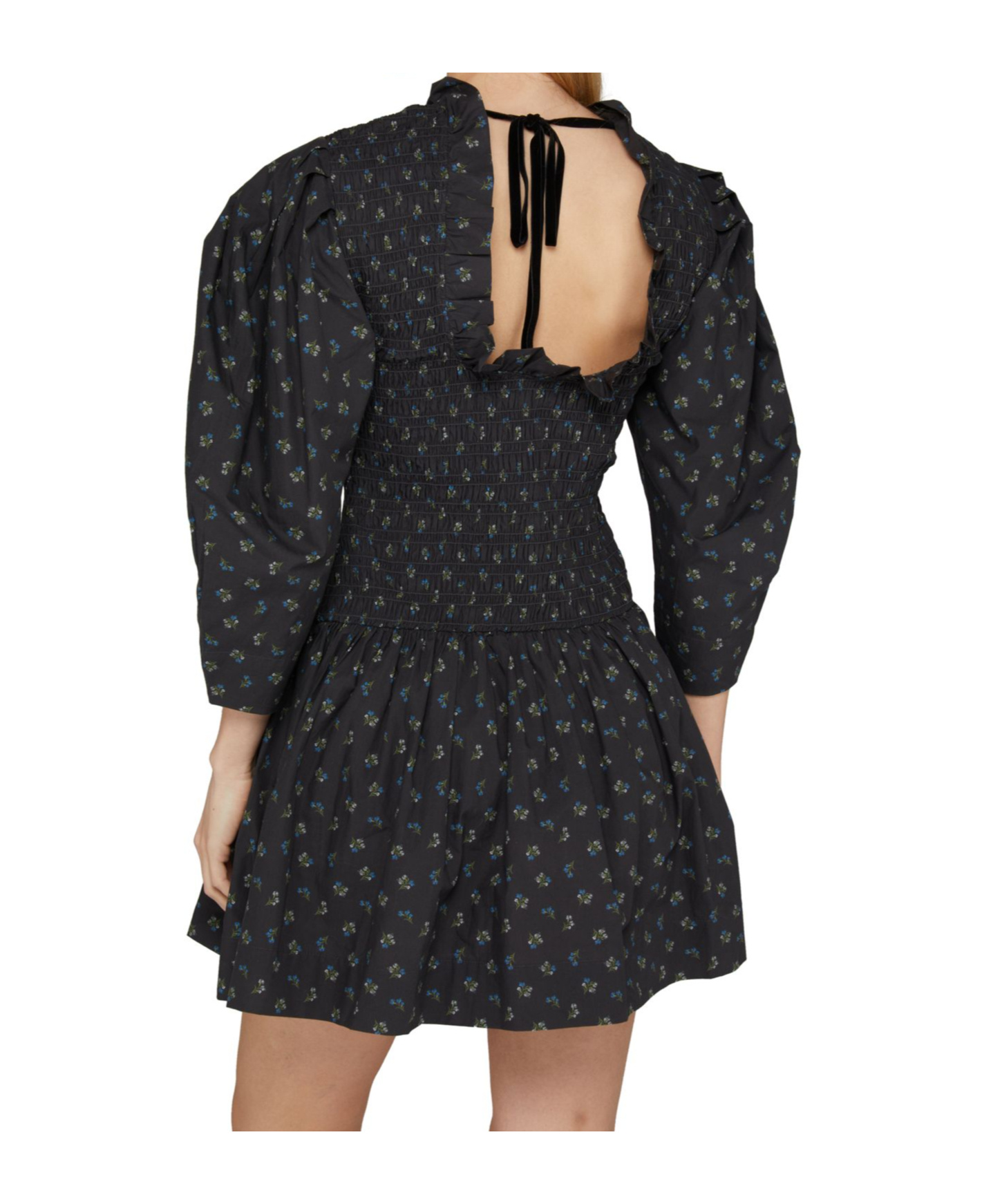 Shop Ganni Printed Smocked Dress In Black