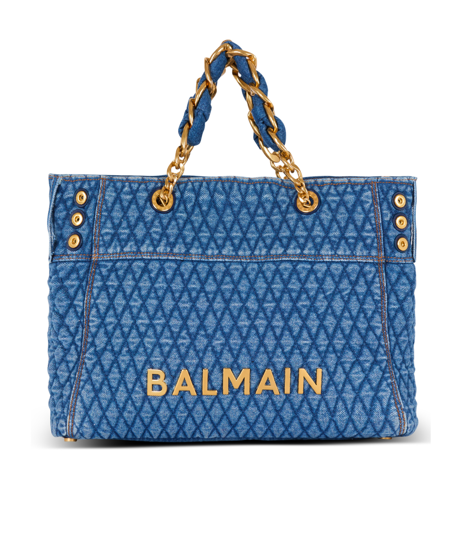 Balmain 1945 Soft Tote Bag In Diamond-quilted Denim In Blue