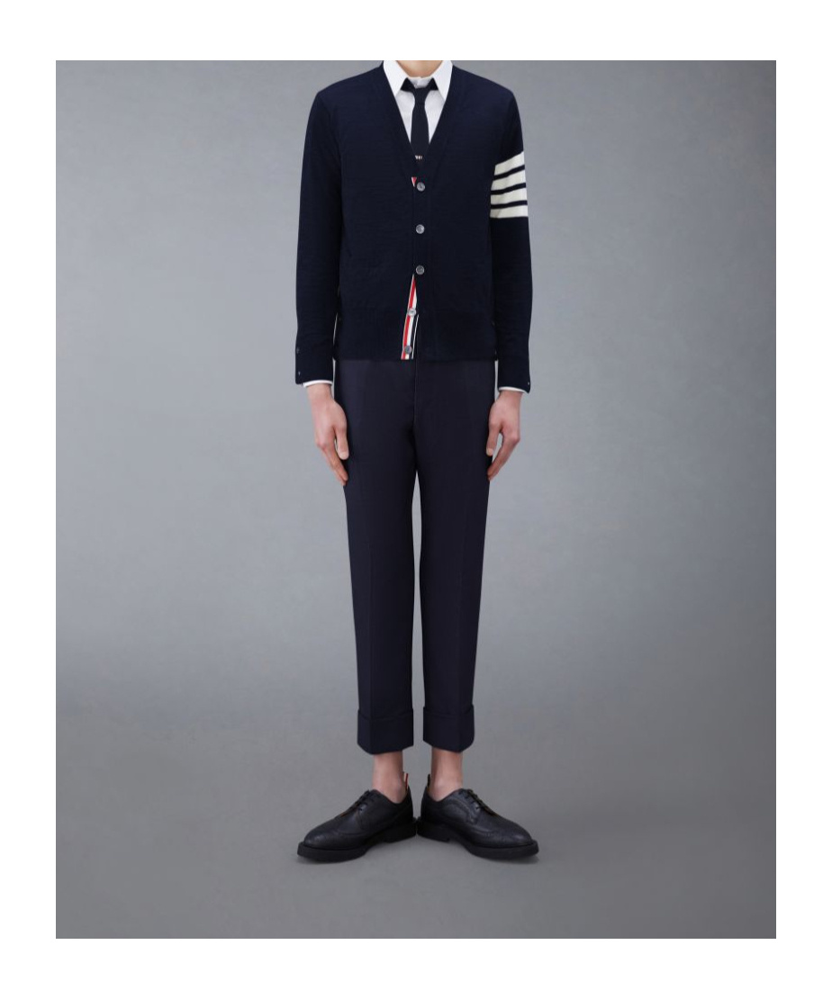 Thom Browne Jersey Stitch Relaxed Fit V Neck Cardigan In Fine Merino Wool With 4 Bar Stripes In Black