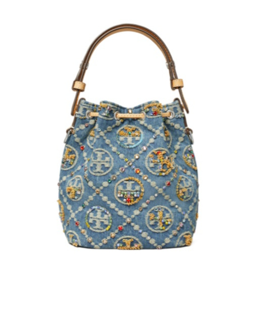 Tory Burch T Monogram Mini Denim Bucket Bag In Gray