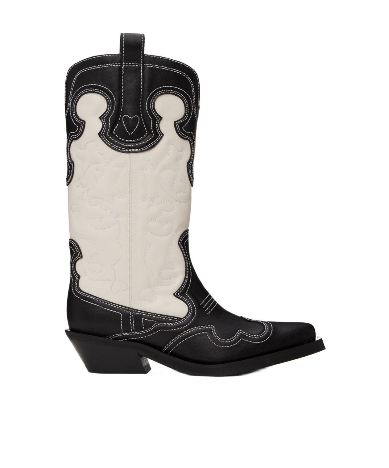 Ganni Mid Shaft Embroidered Western Boots Bicolor Black/egret In Black