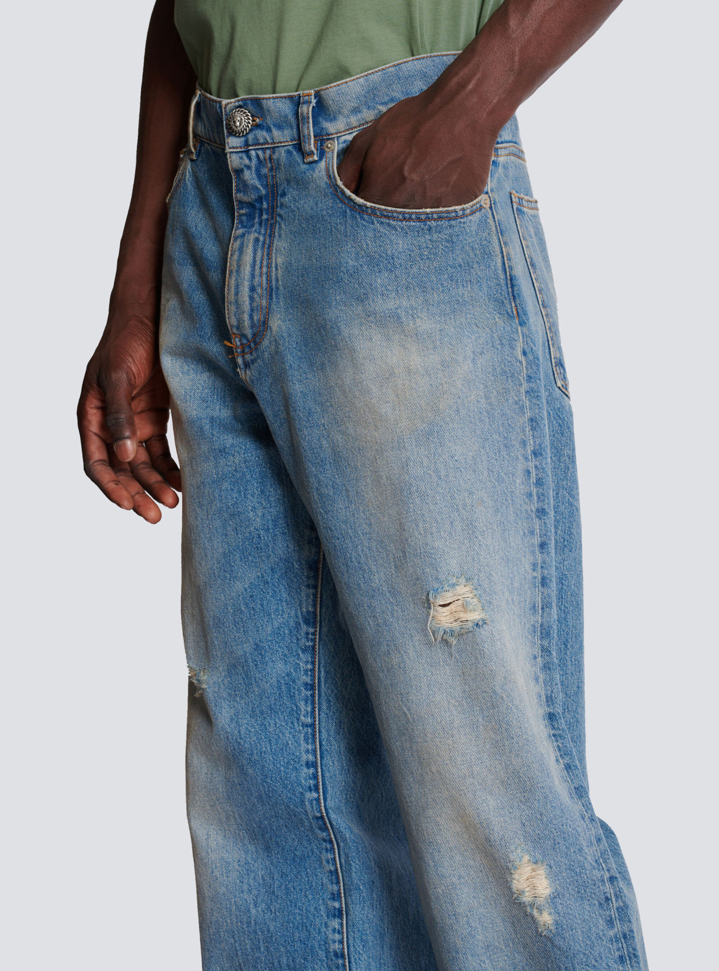Balmain Distressed And Ripped Blue Jeans In Gray