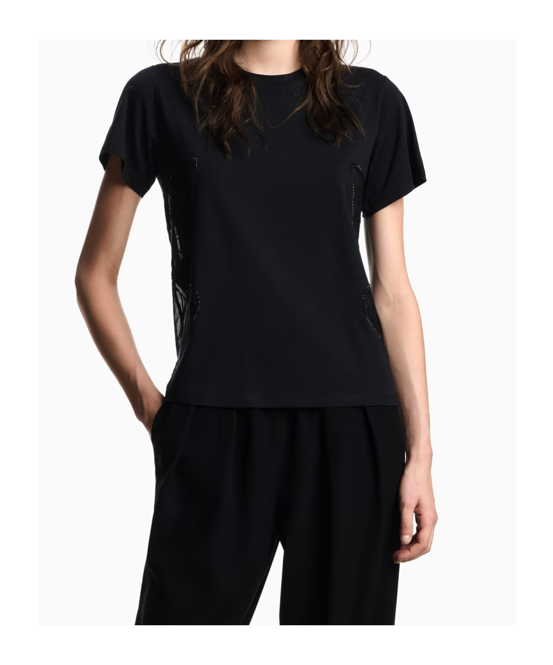 Emporio Armani Asv Supima Jersey T-shirt With Tulle Inserts In Black