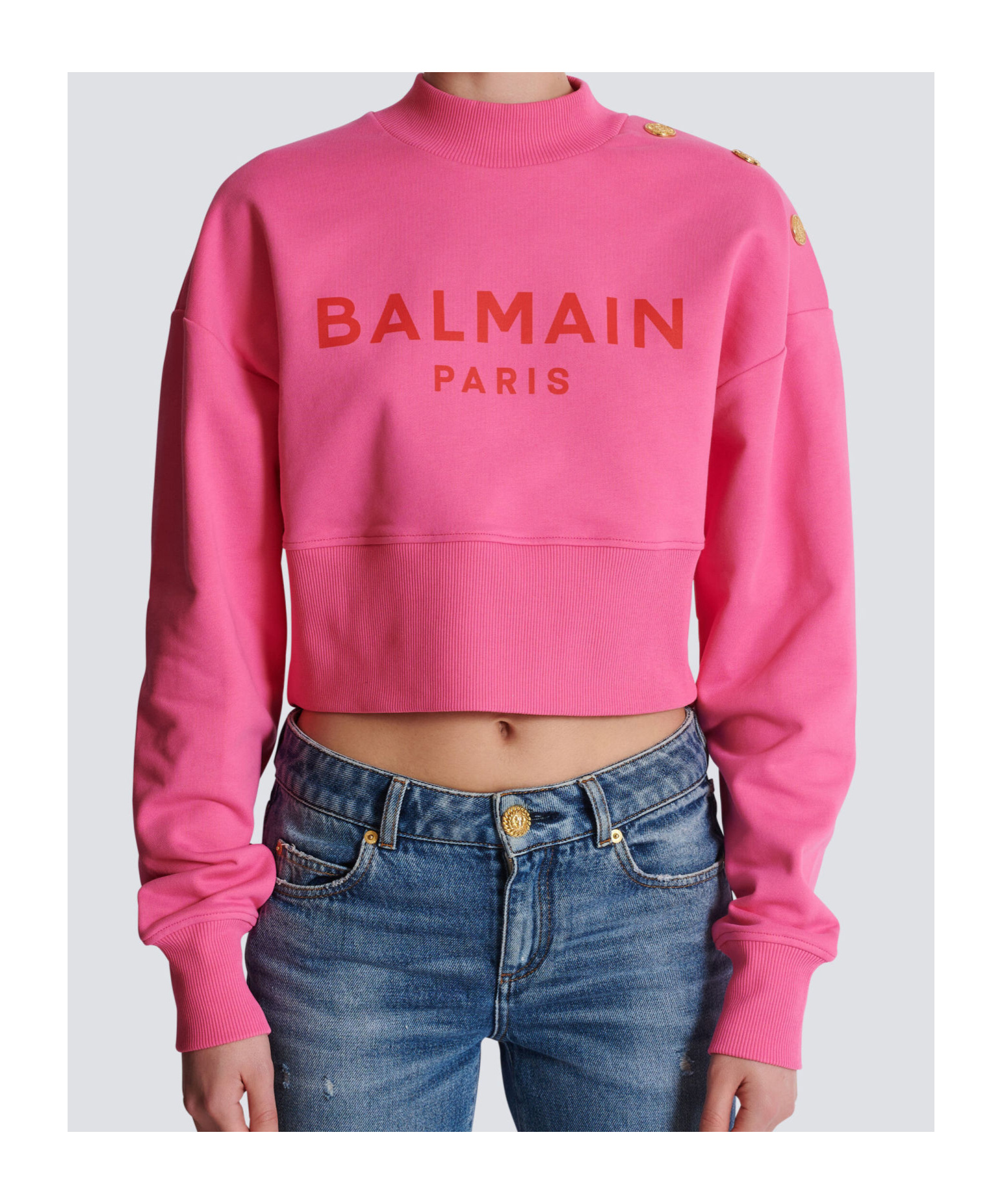 Shop Balmain Cropped Sweatshirt With Paris Print In Pink
