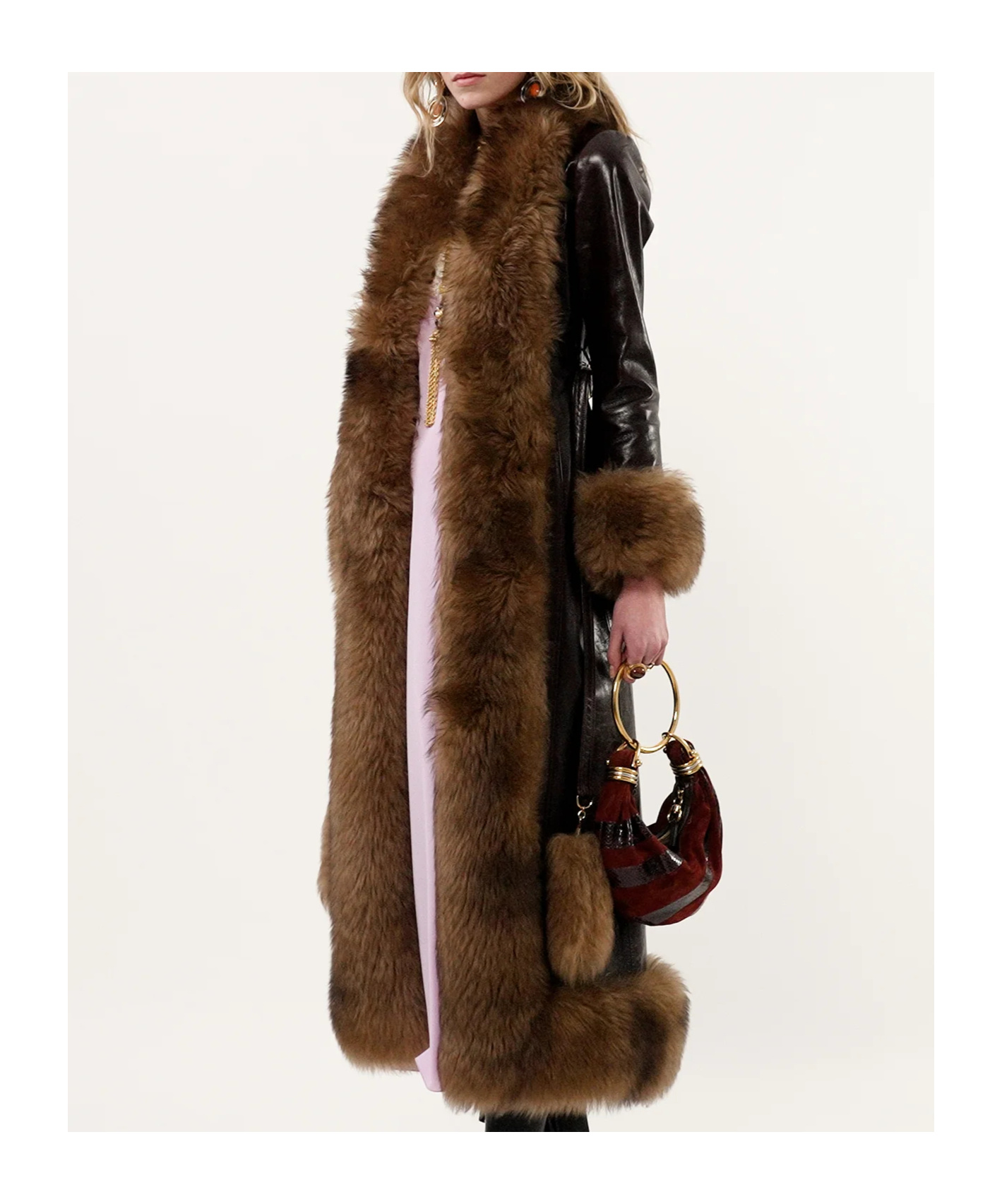 Chloé Lamb Shearling-trim Shiny Leather Long Coat In Brown