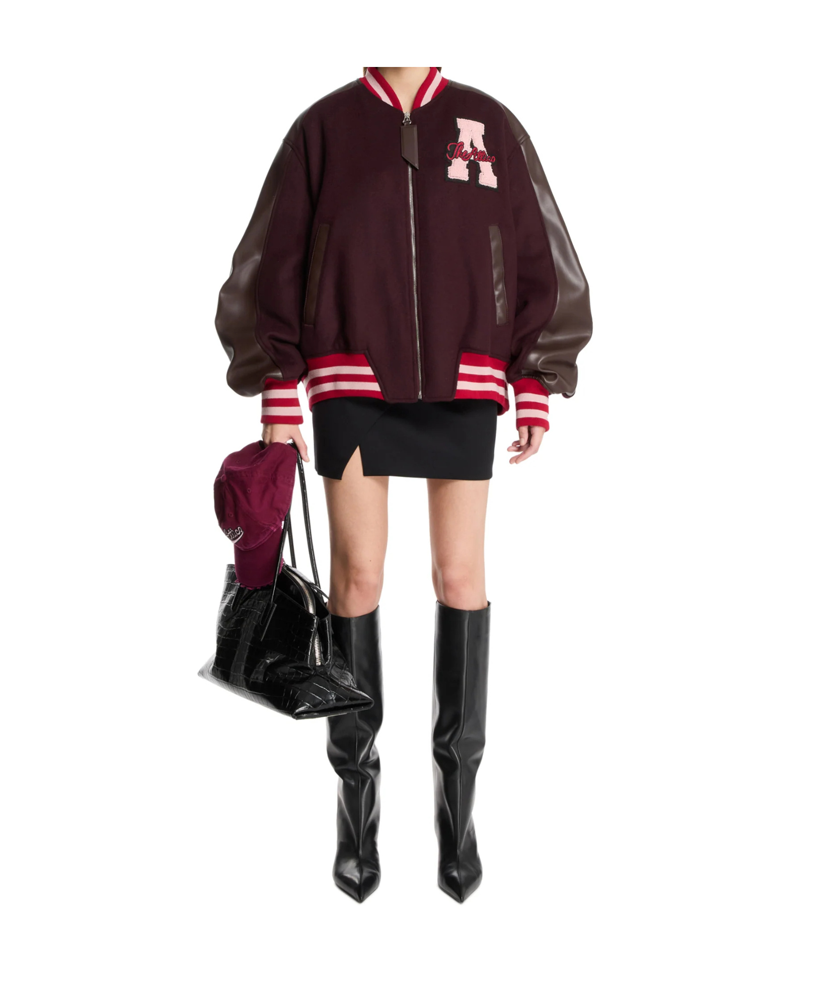Attico Leather-sleeved Logo-patch Bomber Jacket In Brown
