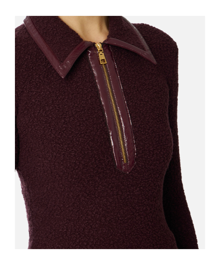 Elisabetta Franchi Boucle Knit Polo Shirt With Vinyl Details In Burgundy