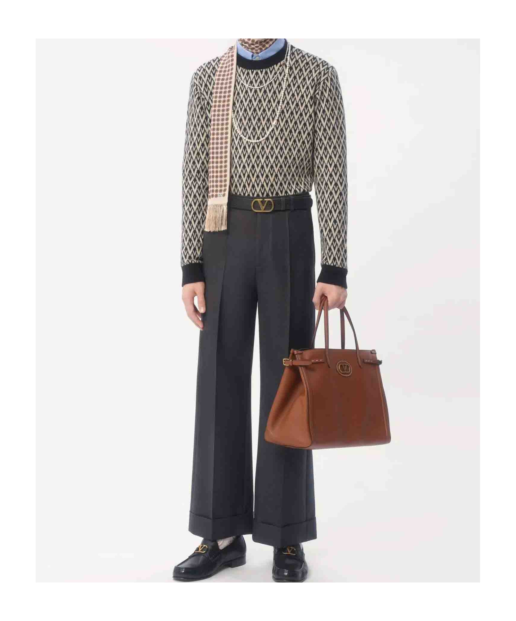 Valentino Crewneck Wool Jumper With Toute La V Jacquard Pattern In Multicolor