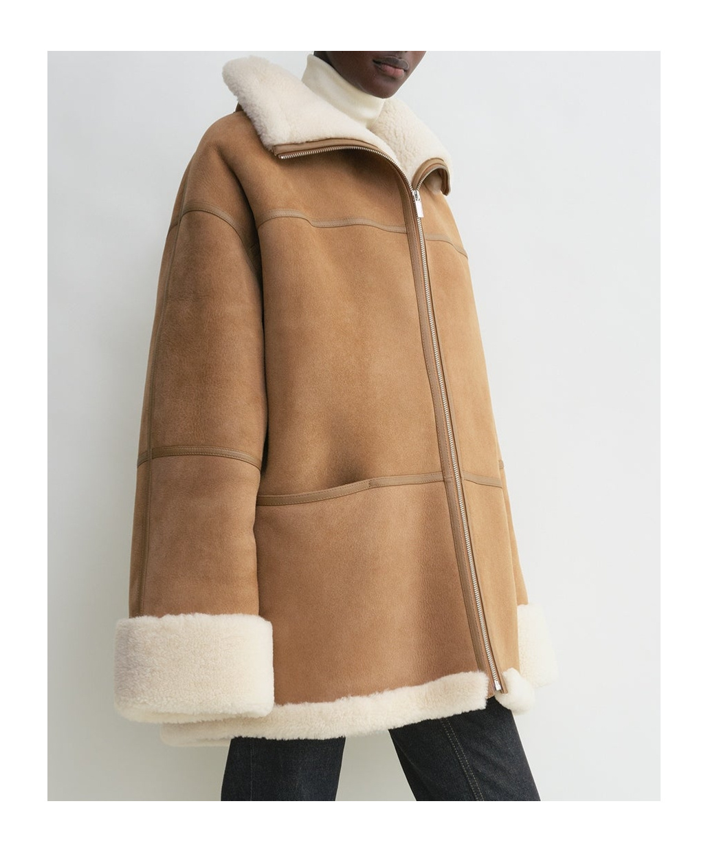 Totême Biscuits Shearling Lamb Leather Jacket With Wide Collar In Brown