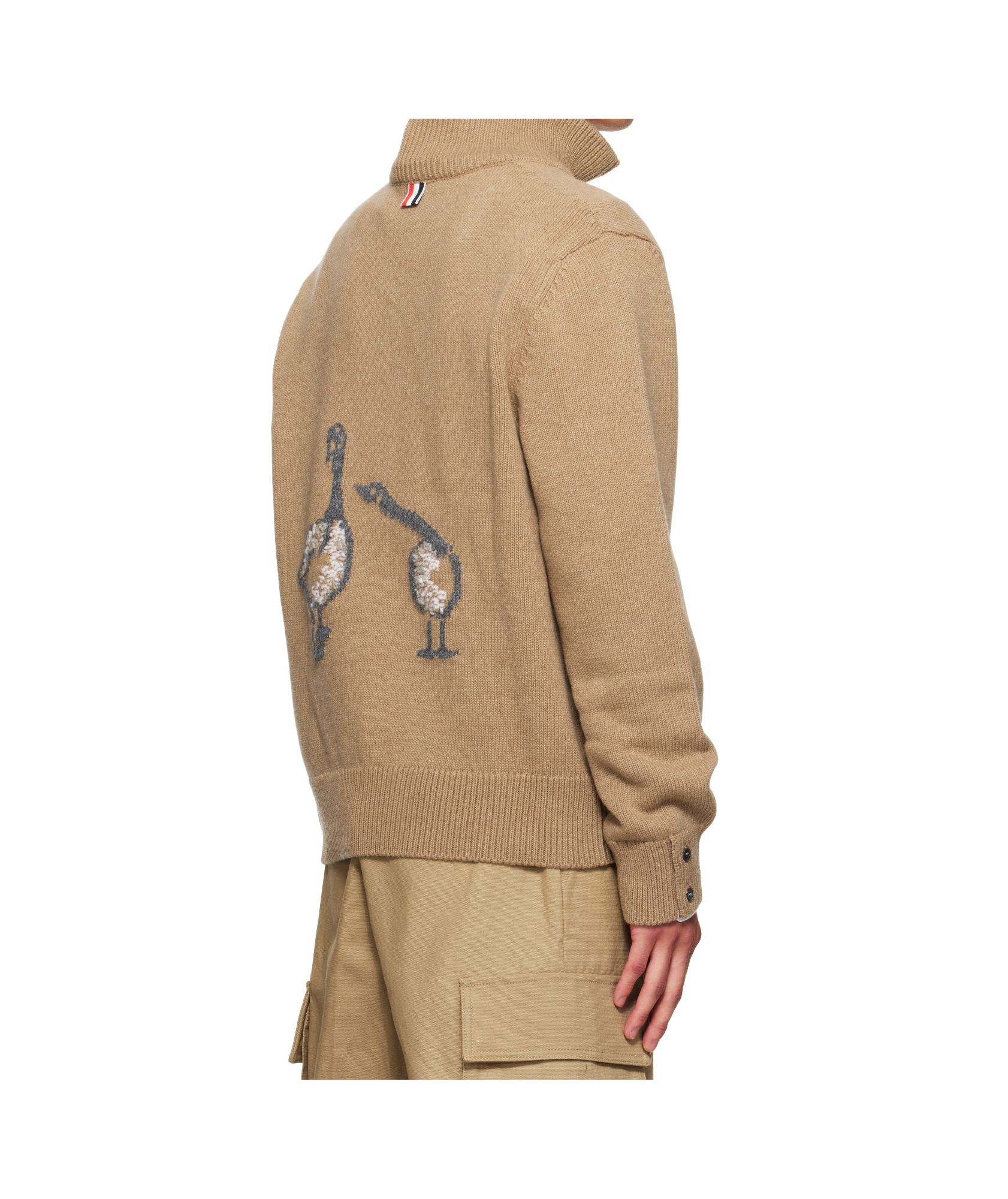 Thom Browne Beige Geese Intarsia Merino Wool Mock Neck Sweater In Brown