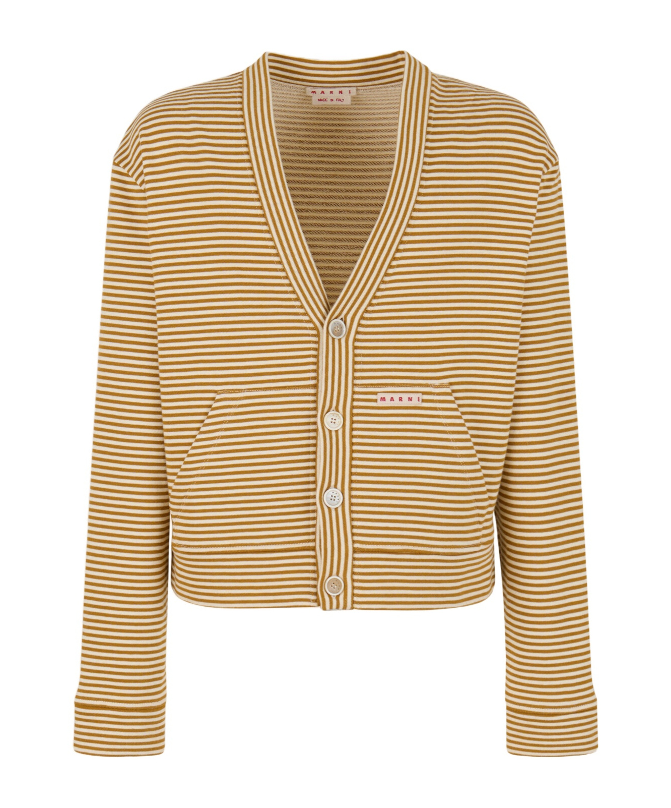 Marni Cropped Cardigan Sweater With Horizontal Stripes And Logo Detail In Brown