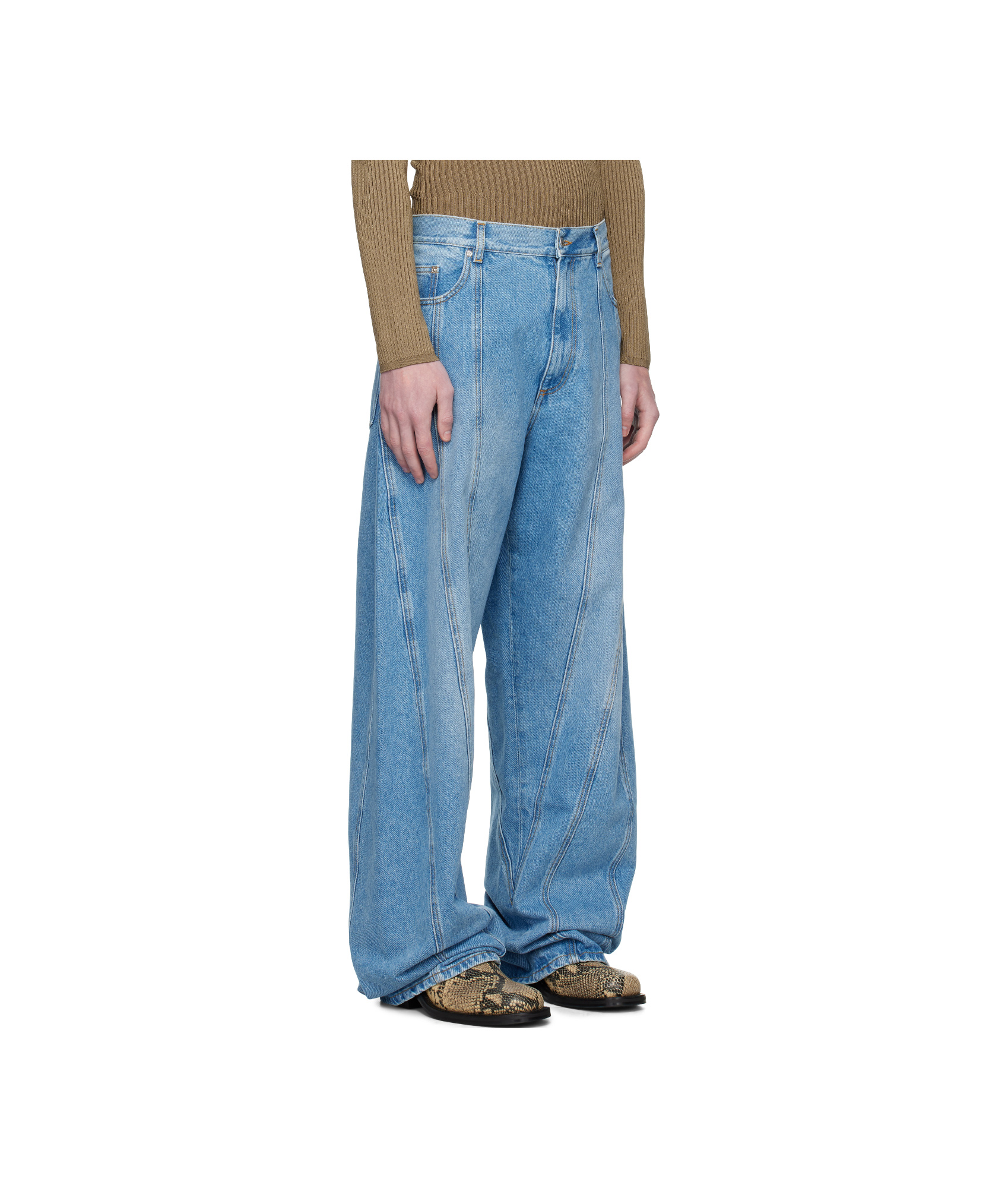 Mugler Water-washed Large-scale Spiral Denim Jeans In Blue