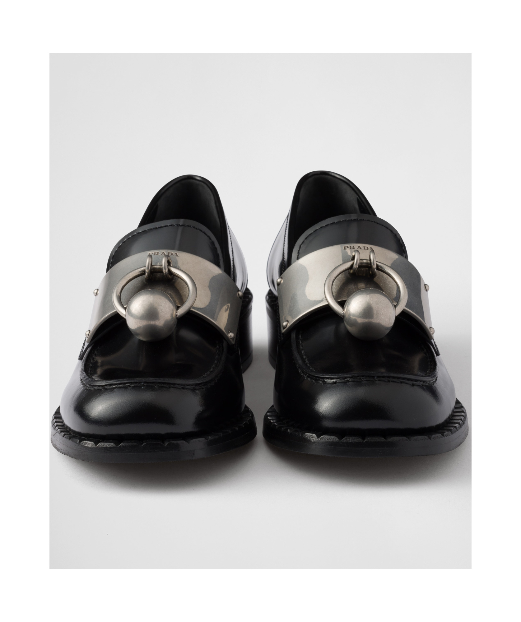 Prada Leather Loafers With Block Heel And Metallic Detail In Black