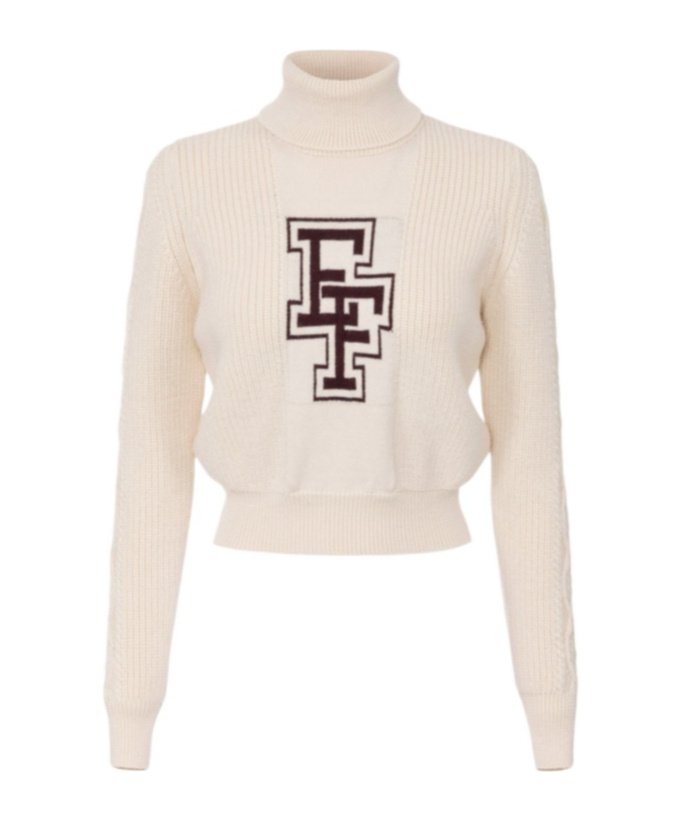 Elisabetta Franchi Chic Beige Long Neck Sweater With Burgundy Logo For Women In Nude