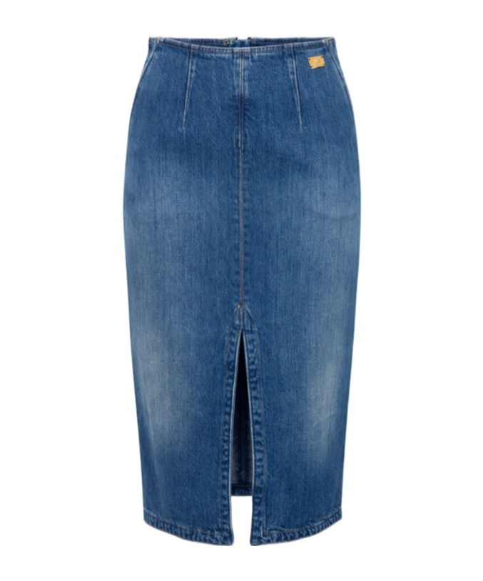Elisabetta Franchi Denim Midi Skirt Front Split Detail In Blue