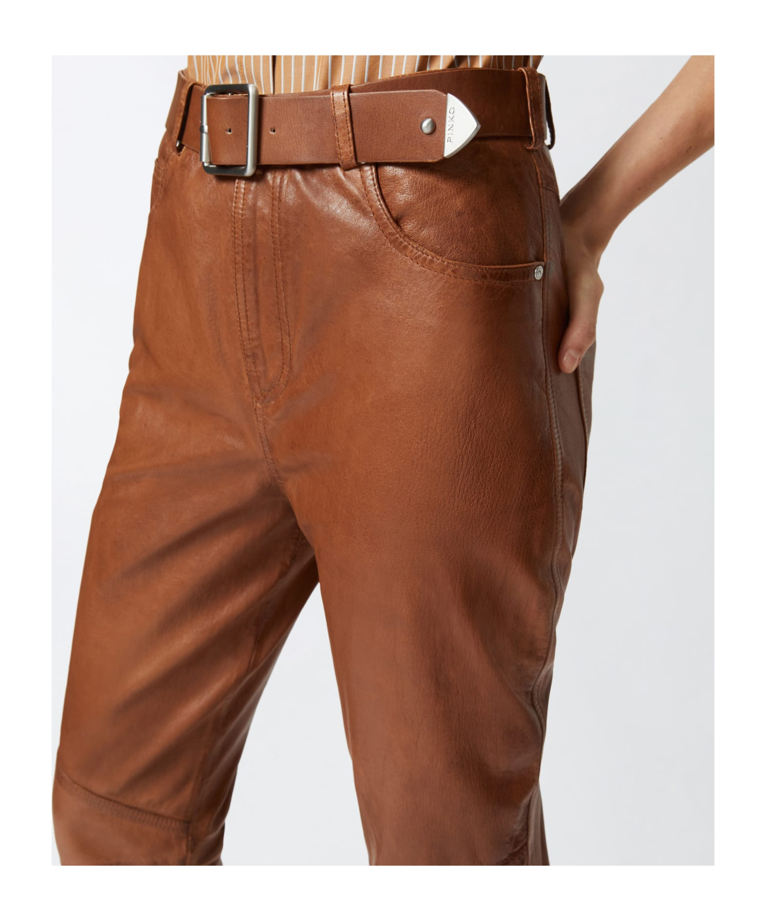 Pinko Leather Trousers With Belt In Brown