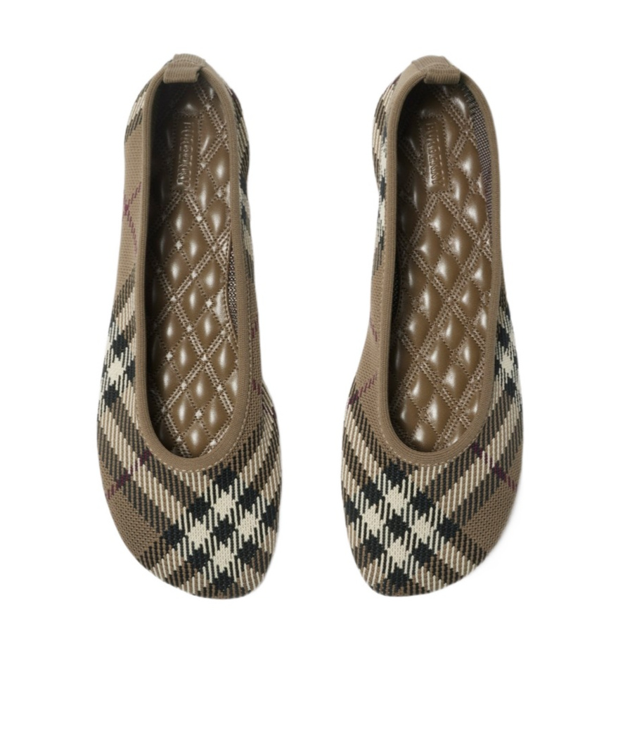 Burberry Knit Baby Nylon Blend Ballerinas With Knitted Traditional Check In Green