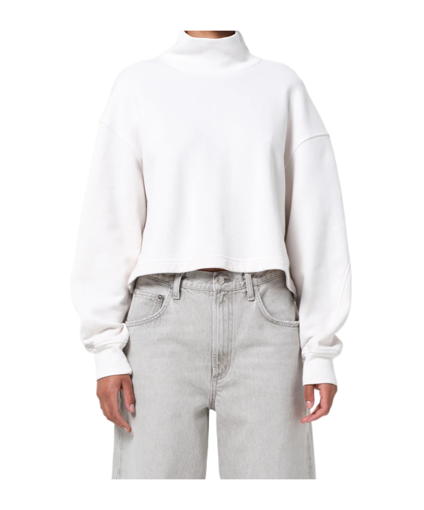 Agolde Isra Mock Neck Fleece Cotton Pullover In White