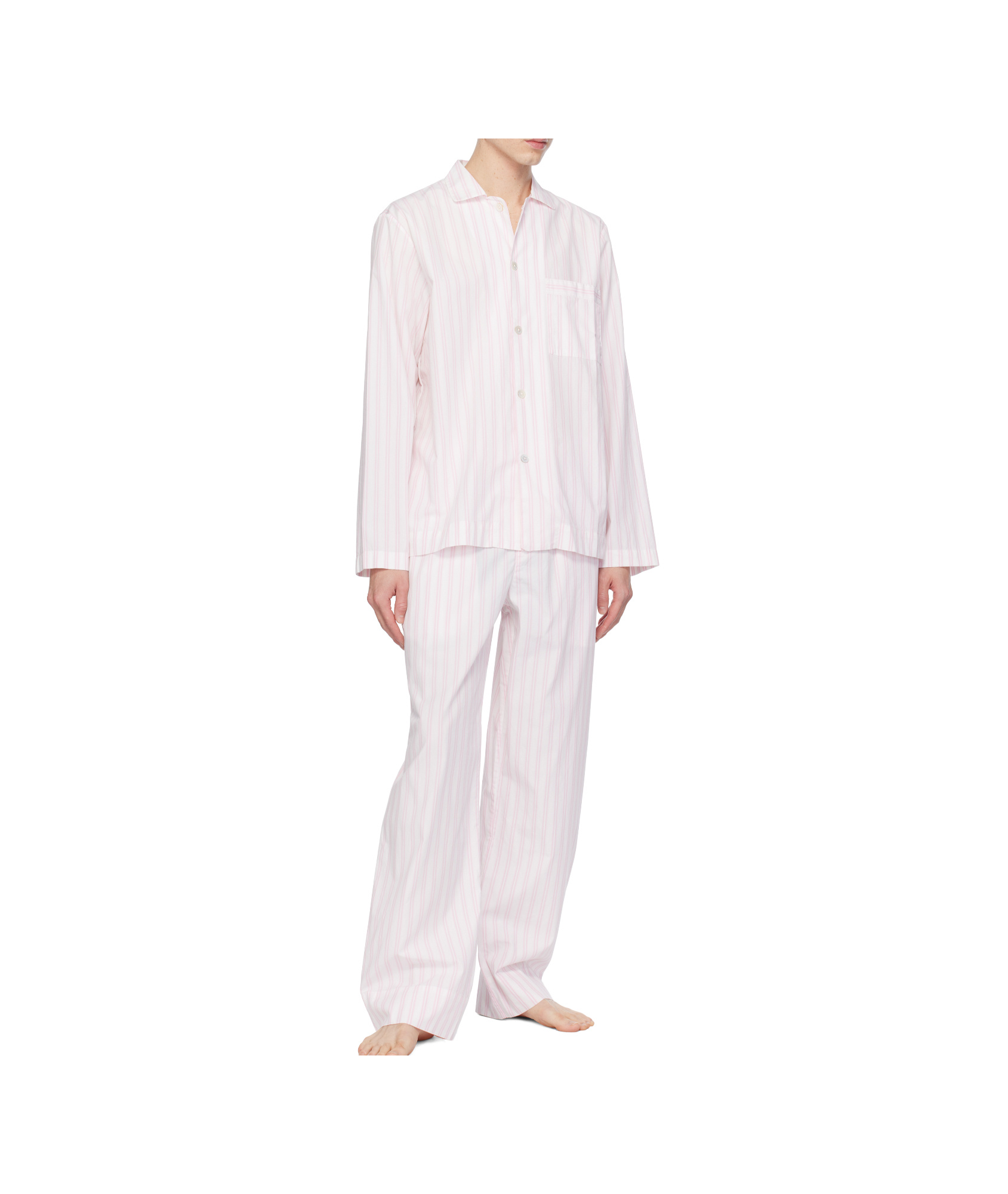 Tekla White & Pink Poplin Long-sleeved Pyjama Shirt In White/pink