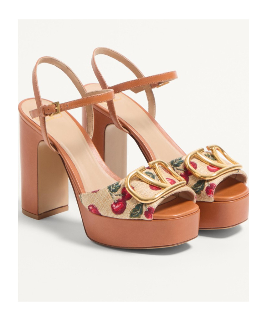 Valentino Cherry-embroidered Raffia Platform Sandals In Brown