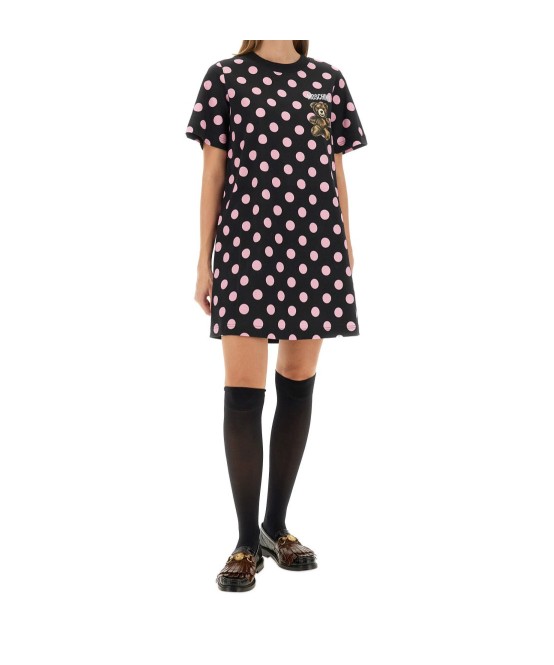 Moschino Graphic Print Polka Dot Short Sleeve Dress In Black