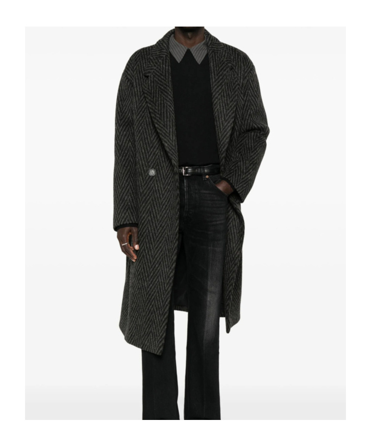 Hevo Double-breasted Herringbone Coat In Black