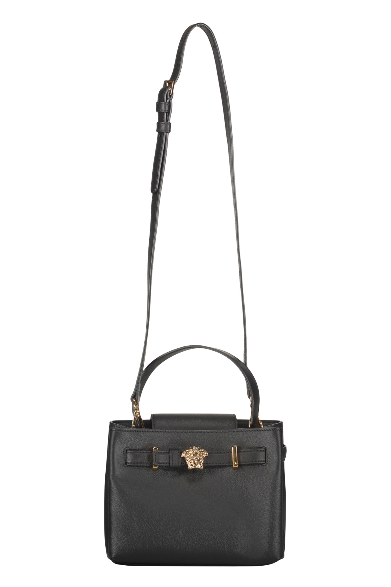 Versace Elegant Black Leather Bag With Golden Closure In Black