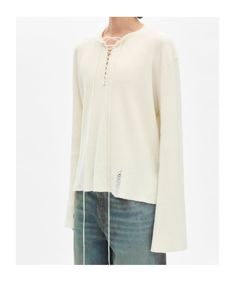 Ann Demeulemeester Deder Lace Up Serafino Sweater In Neutral