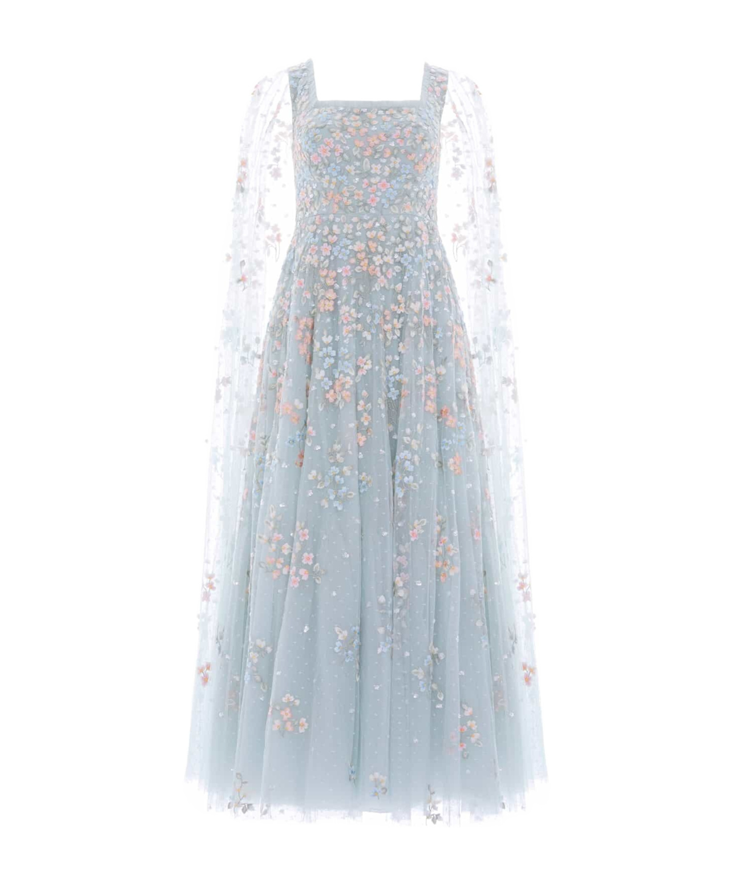 Needle & Thread Floral Cape Sleeve Gown In Blue