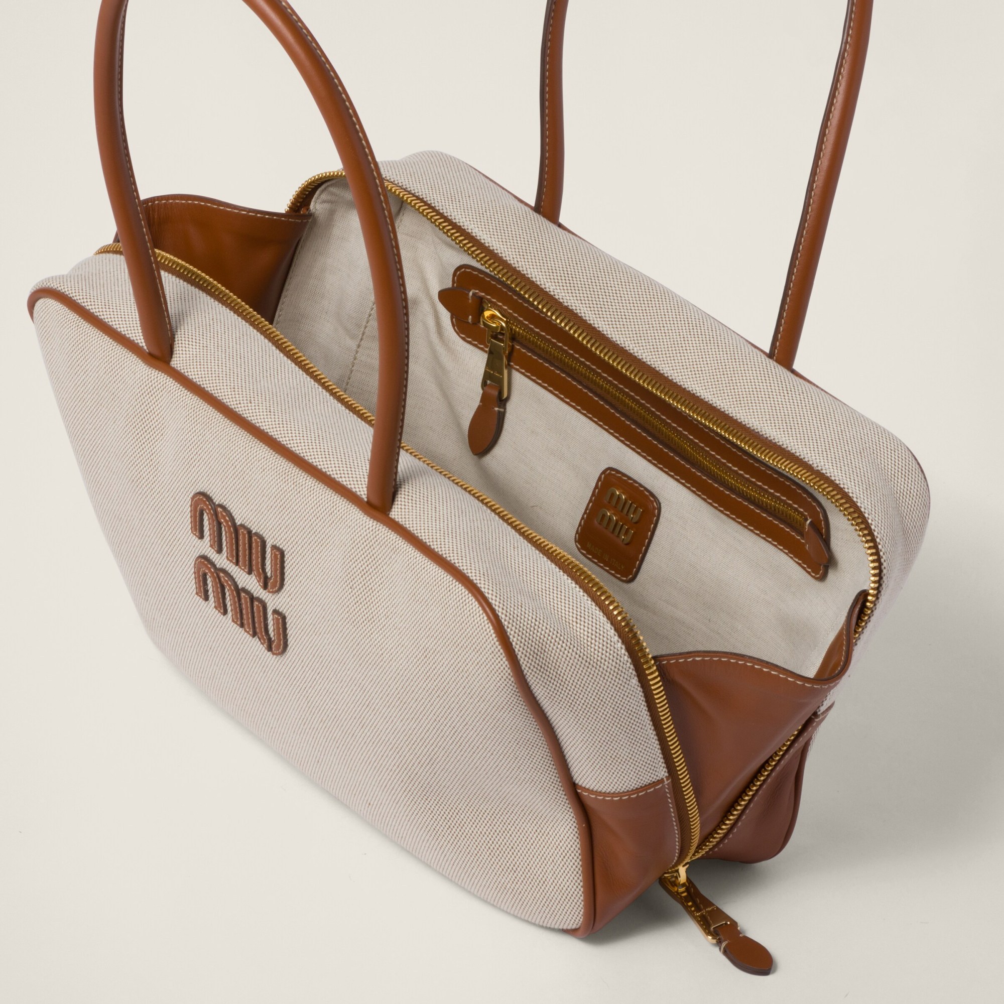 Shop Miu Miu Beau Canvas And Leather Bag