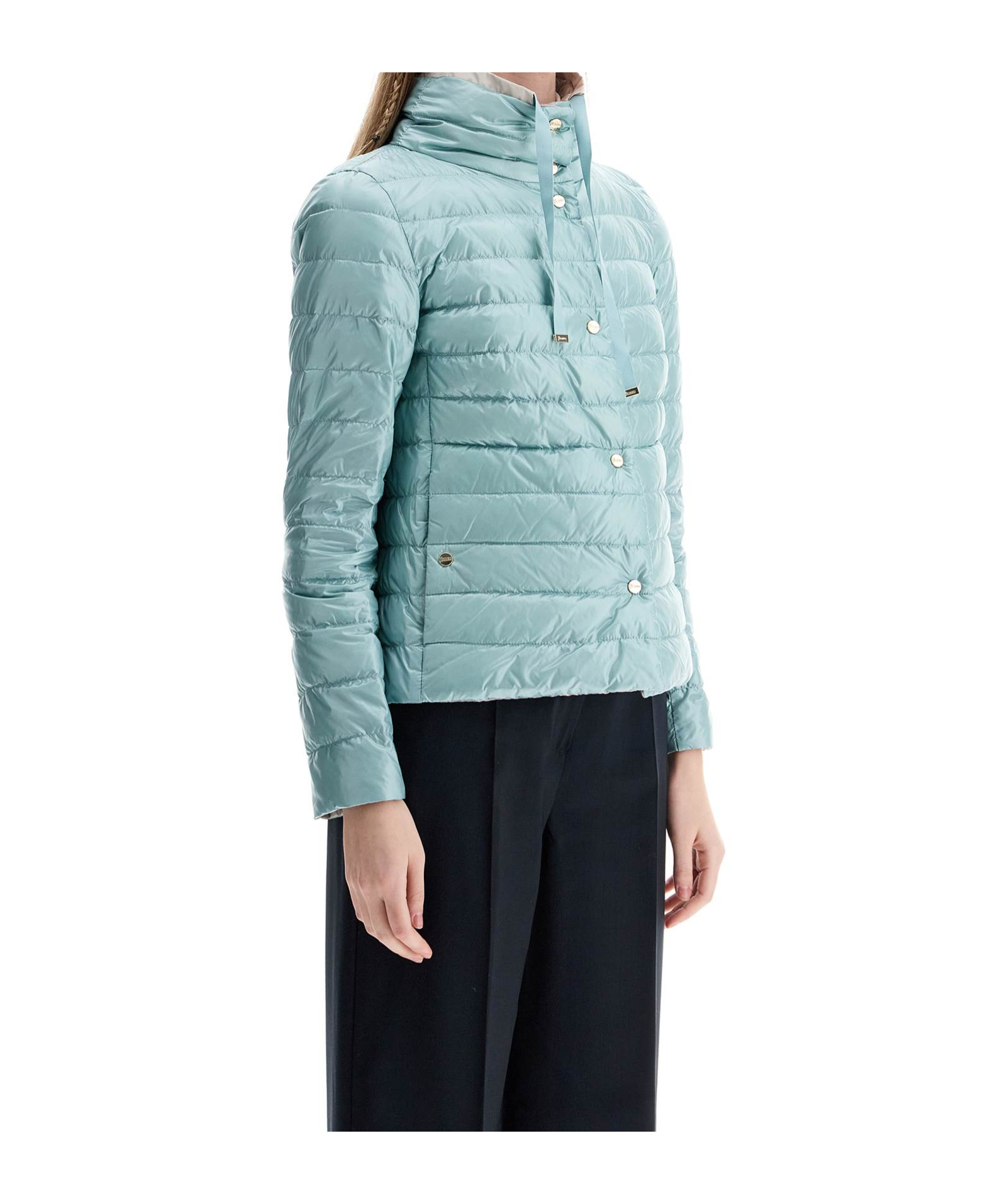 Herno Short Puffer Jacket In Ice Blue Nylon With Metal Buttons In Blue