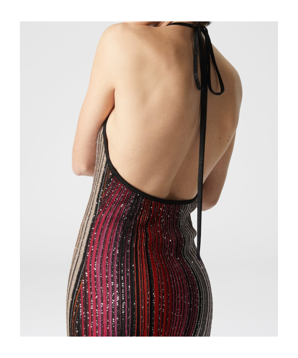 Missoni Striped Partialized Midi Dress With Sequins And V-neck In Black And Red