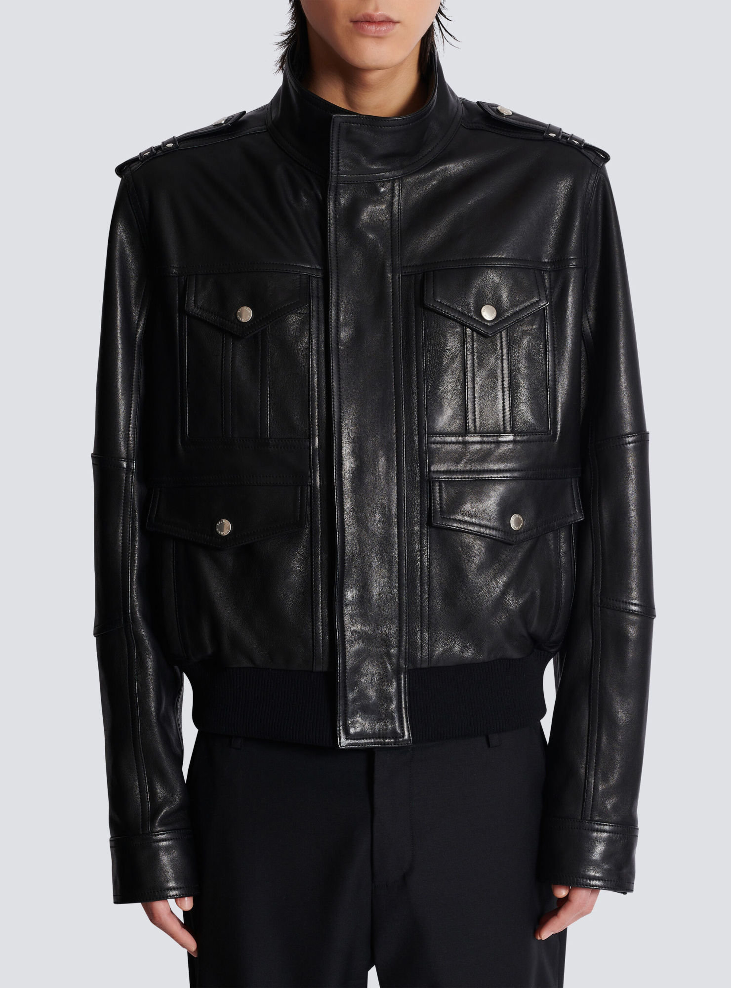 Balmain Lambskin Leather Jacket With 4 Pockets In Black