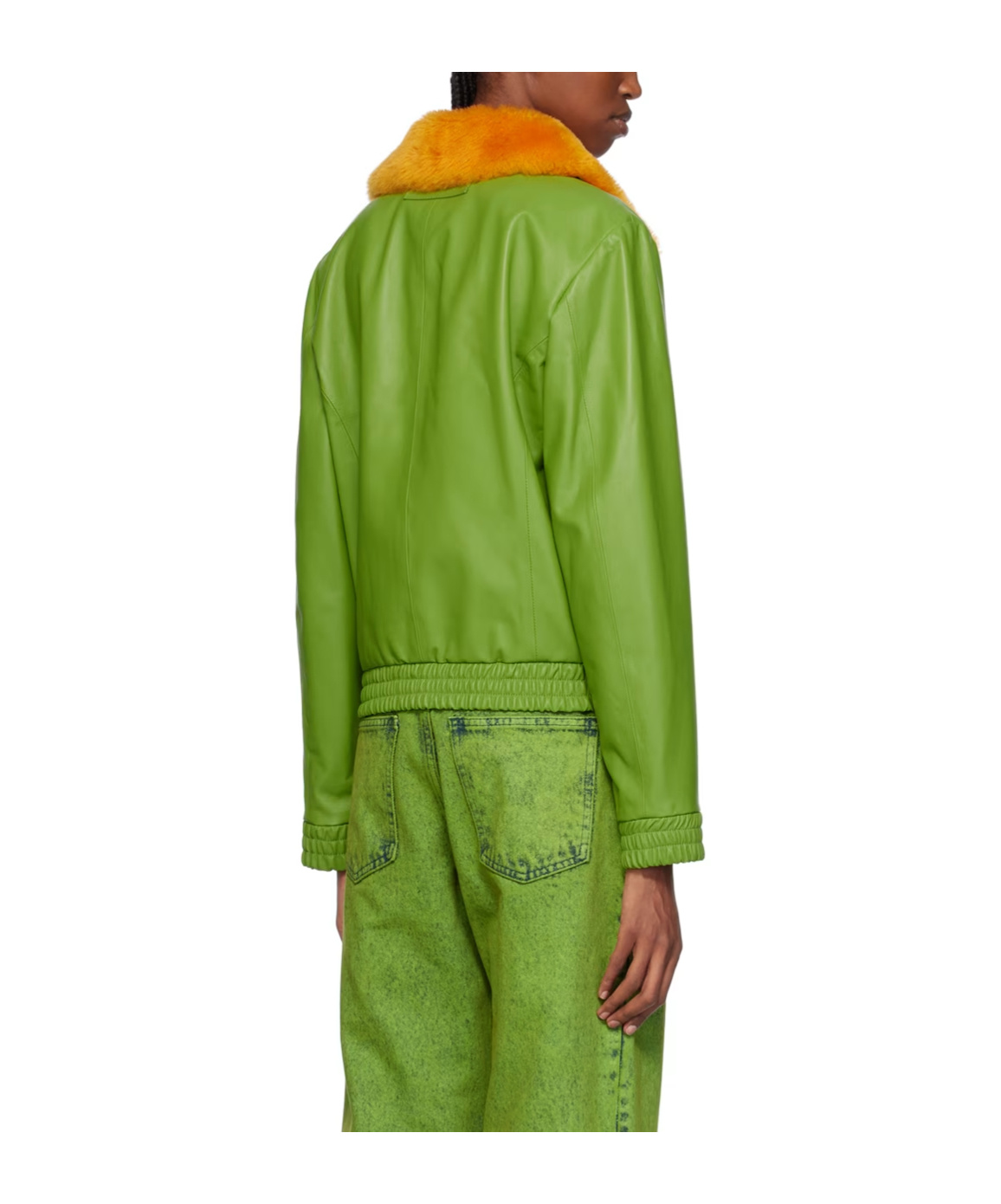 Shop Marni Furry Collar Zipper Leather Jacket In Green