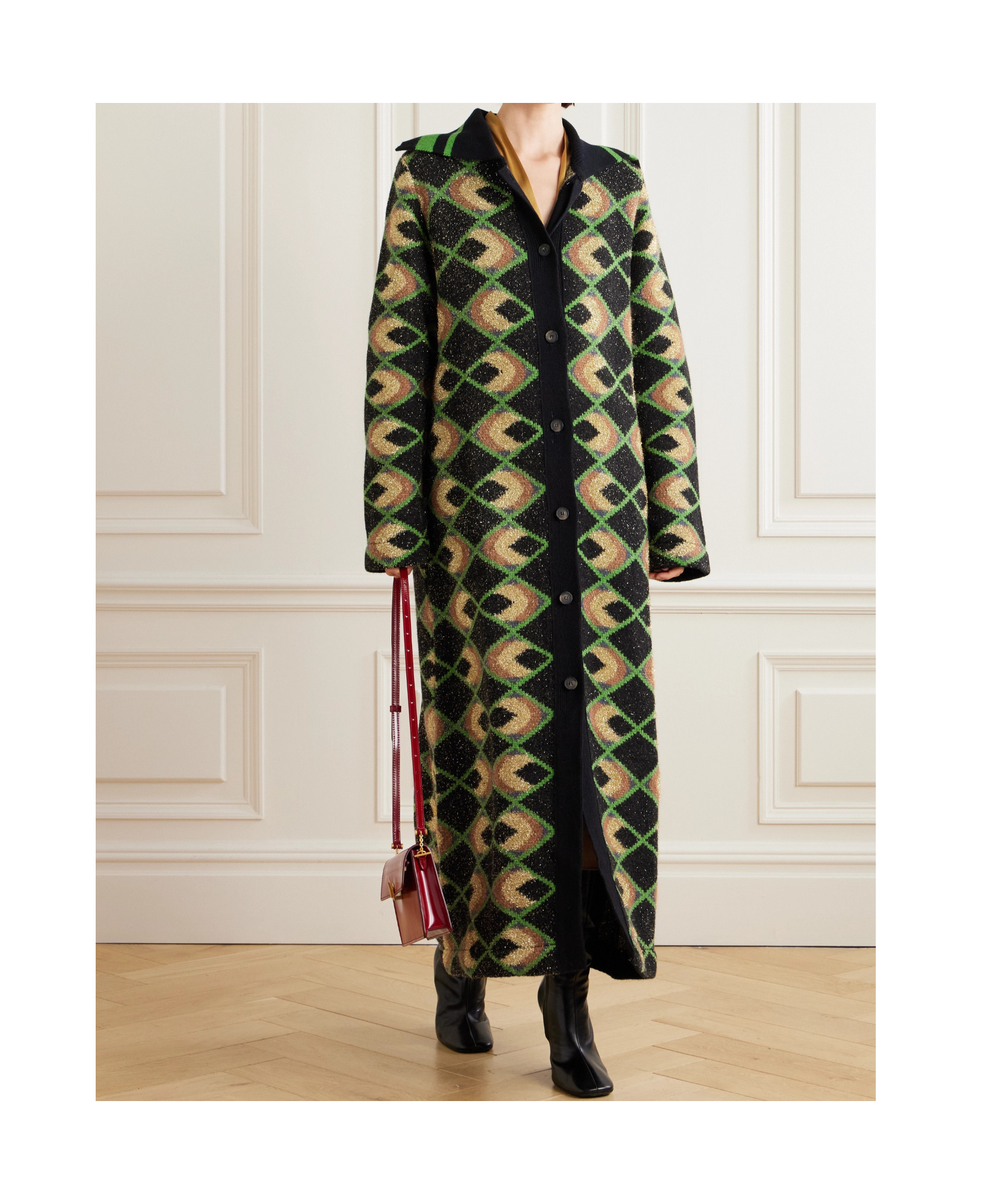 La Doublej Geometric-pattern Coat In Black