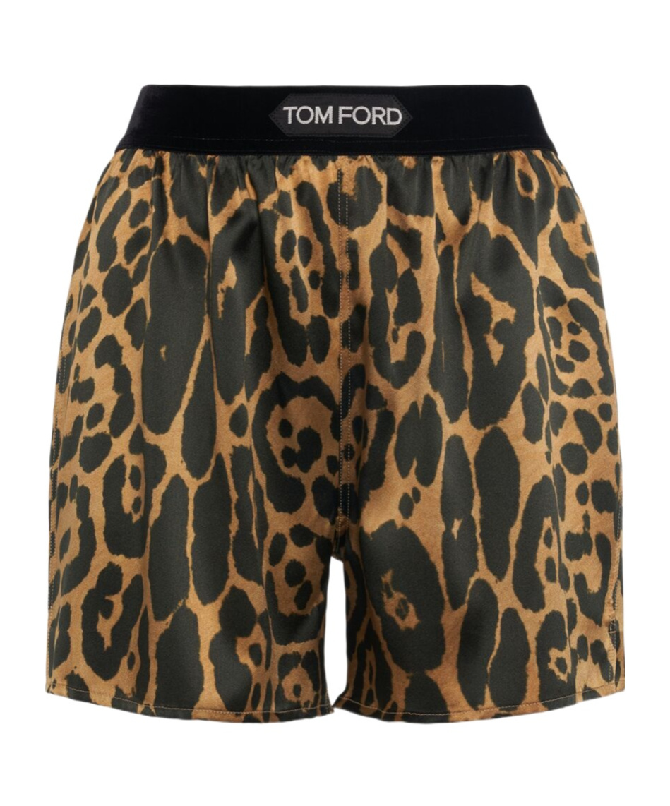 Tom Ford Multicolor Shorts With Patch Logo On The Waist And All-over Leopard Print In Silk Stretch W