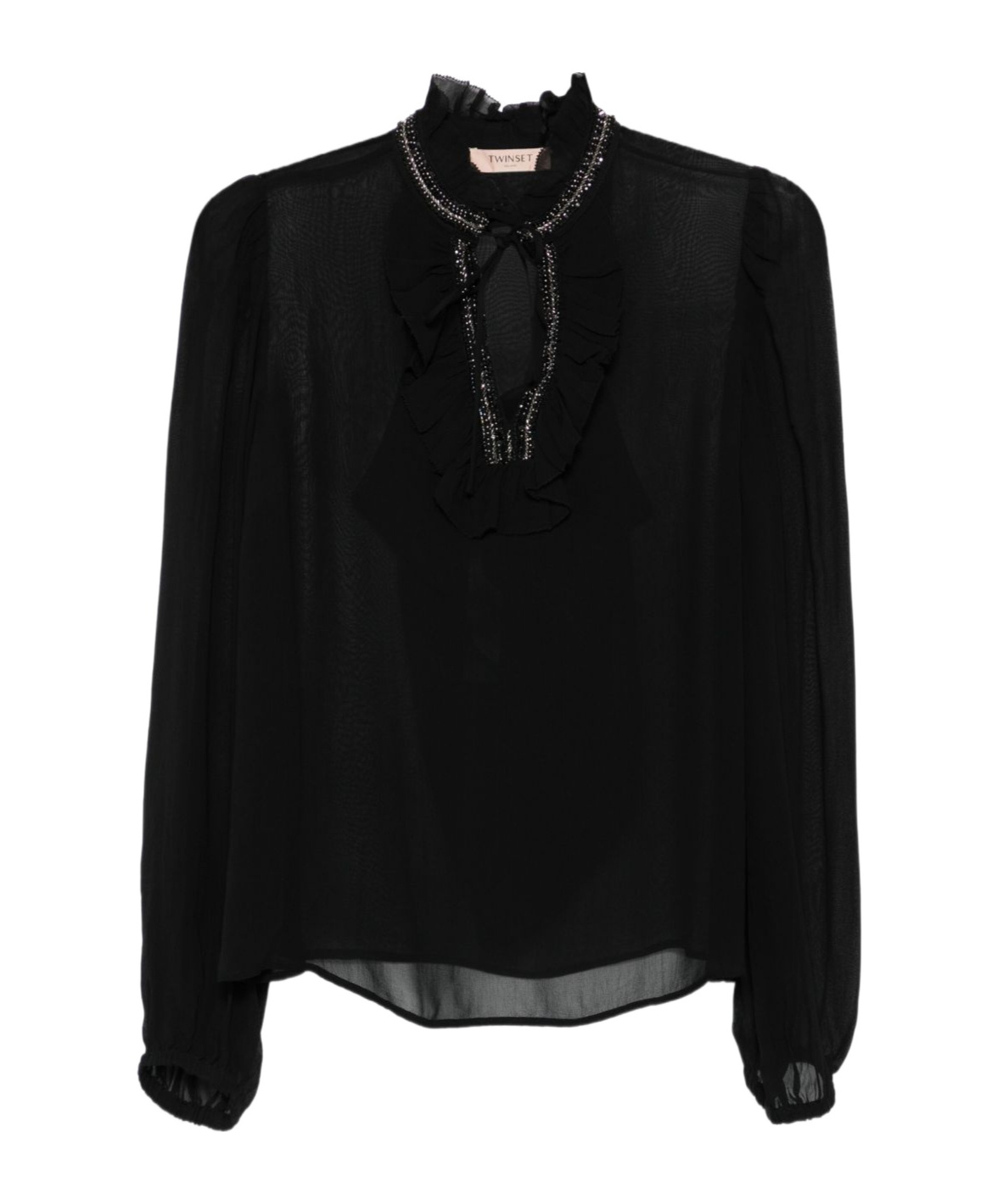 Twinset Ruffled Black Blouse With Bead Embellishments In Black
