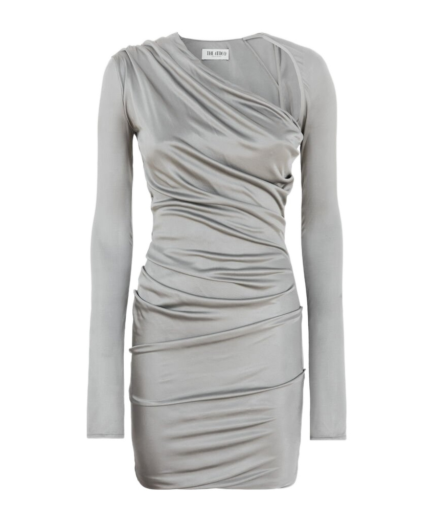 Attico Draped Satin Long Sleeved Mini Dress In Gray