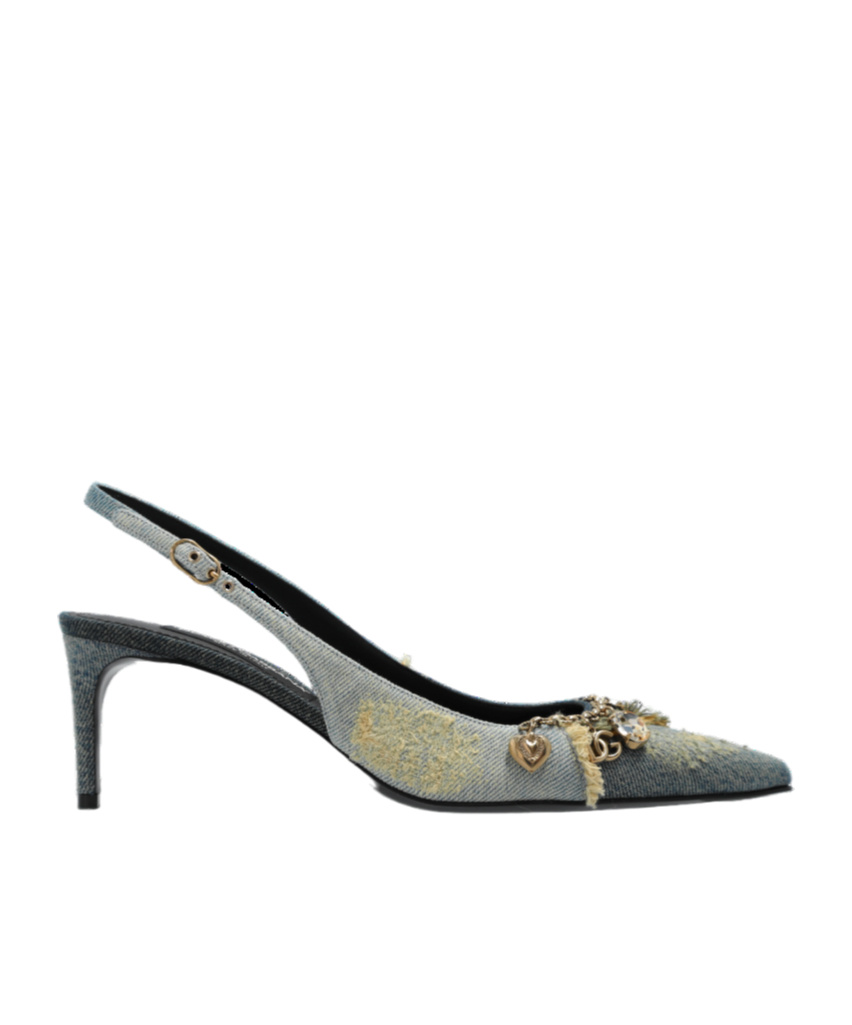 Dolce & Gabbana Embellished Frayed Distressed Denim Slingback Pumps In Black