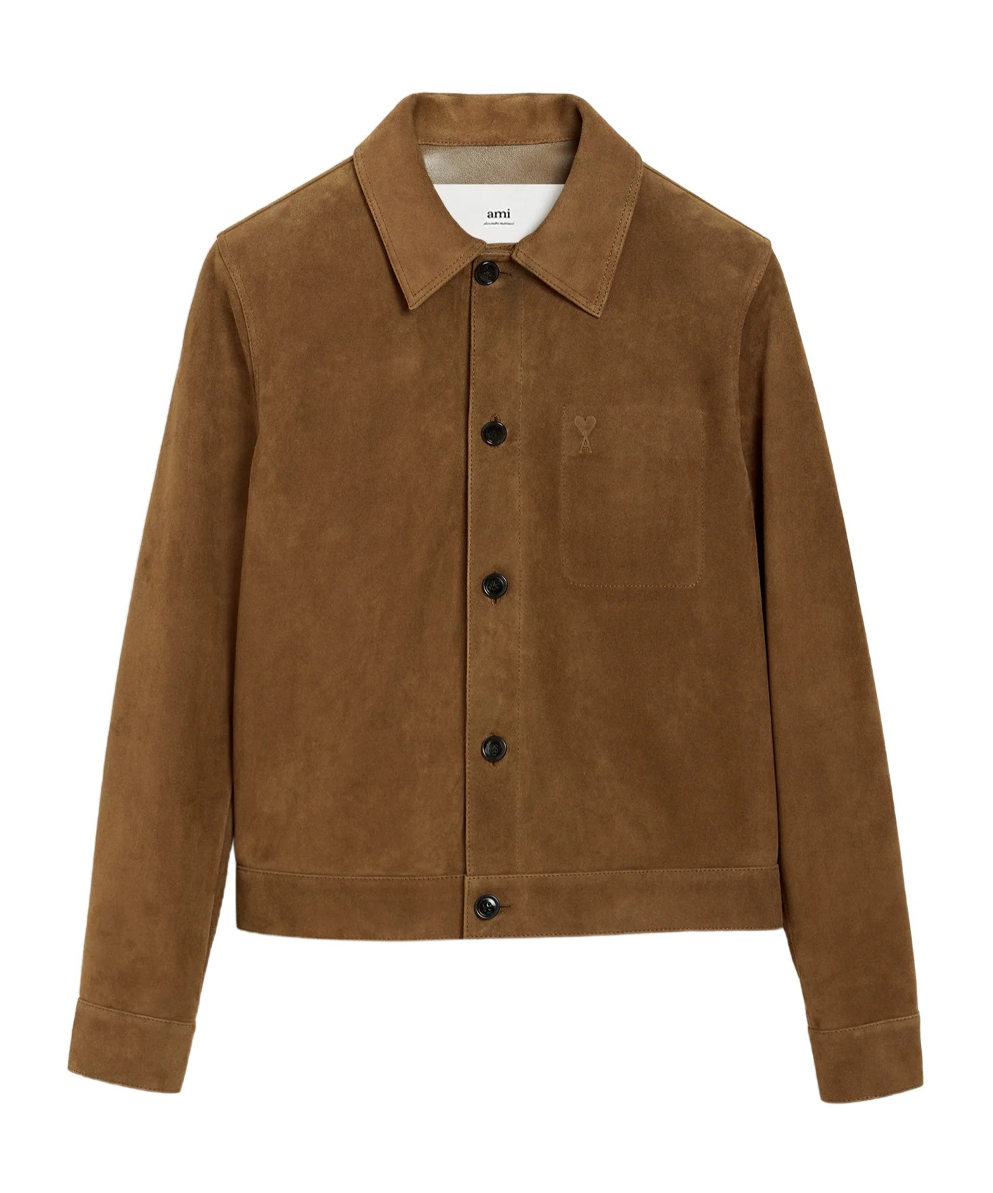 Ami Alexandre Mattiussi Mens Noisette Pointed-collar Embossed-logo Leather Jacket In Brown
