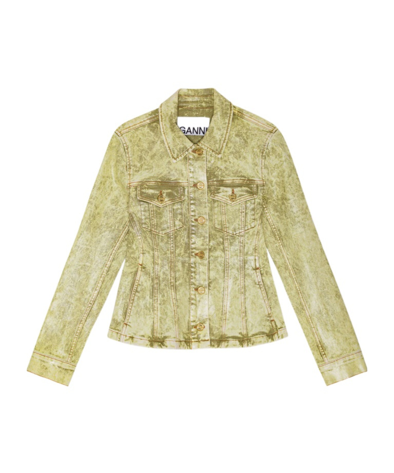 Ganni Yellow Foil Overdyed Denim Fitted Blazer In Green