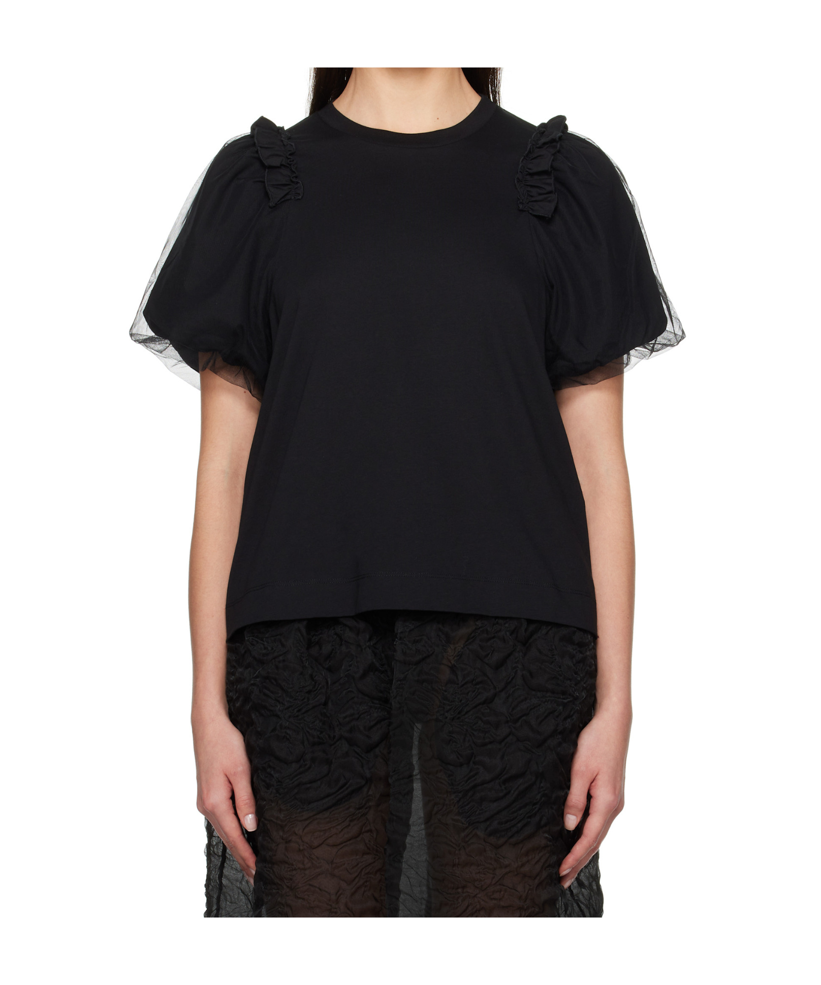 Simone Rocha Black Tulle Overlay Puff Sleeve Frill T-shirt In Black