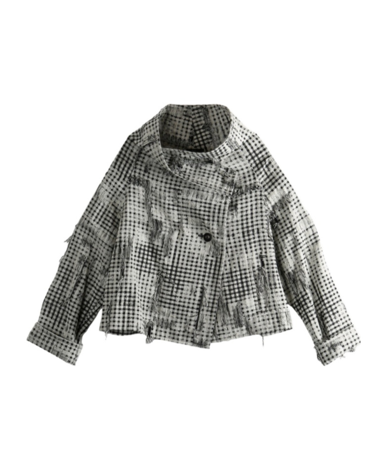 Y's Check-pattern Frayed-hem Jacket In Gray