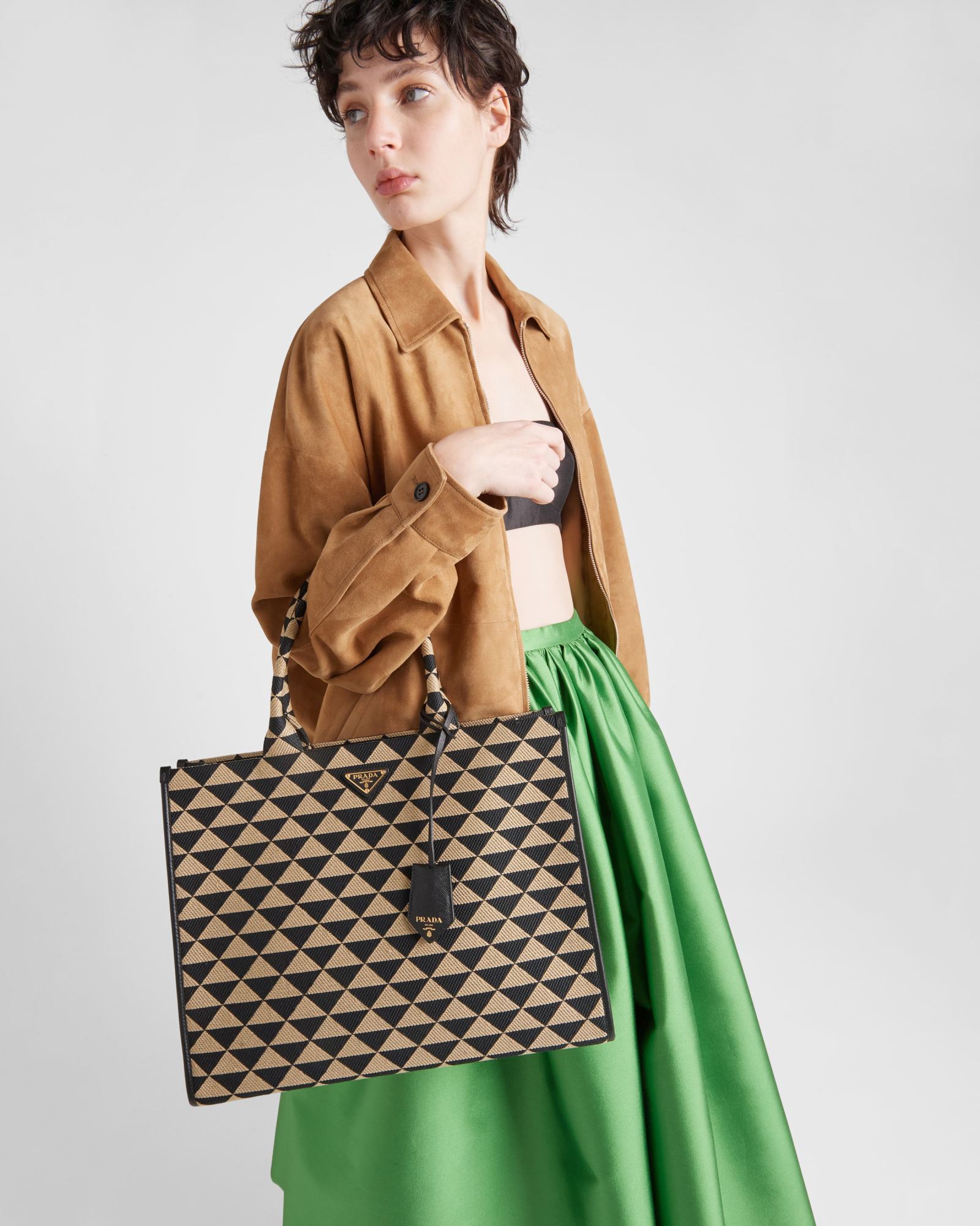 Shop Prada Large Symbole Jacquard Fabric Handbag In Black/beige