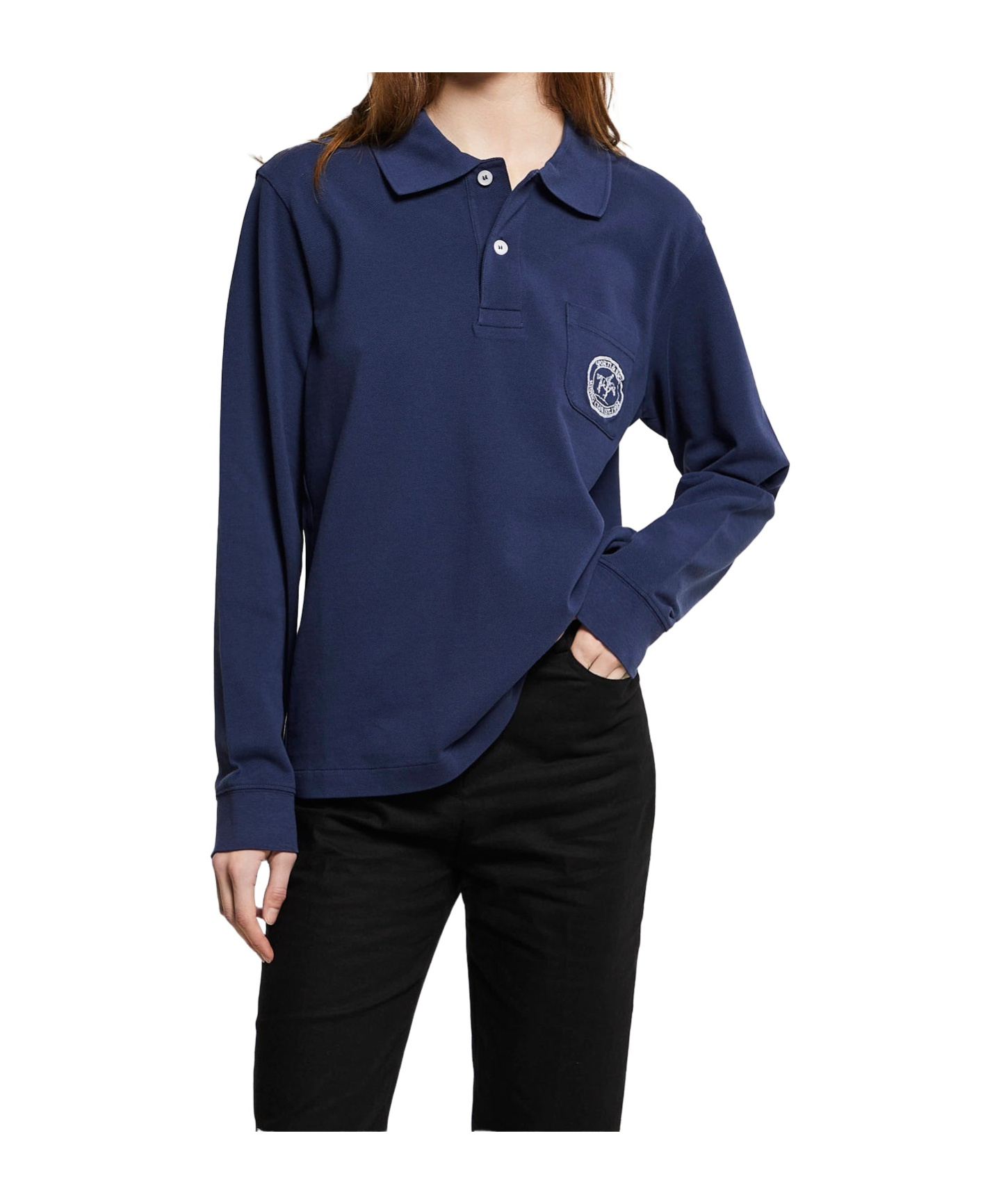 Sporty And Rich Riding Club Longsleeve Pique Polo In Dark Navy