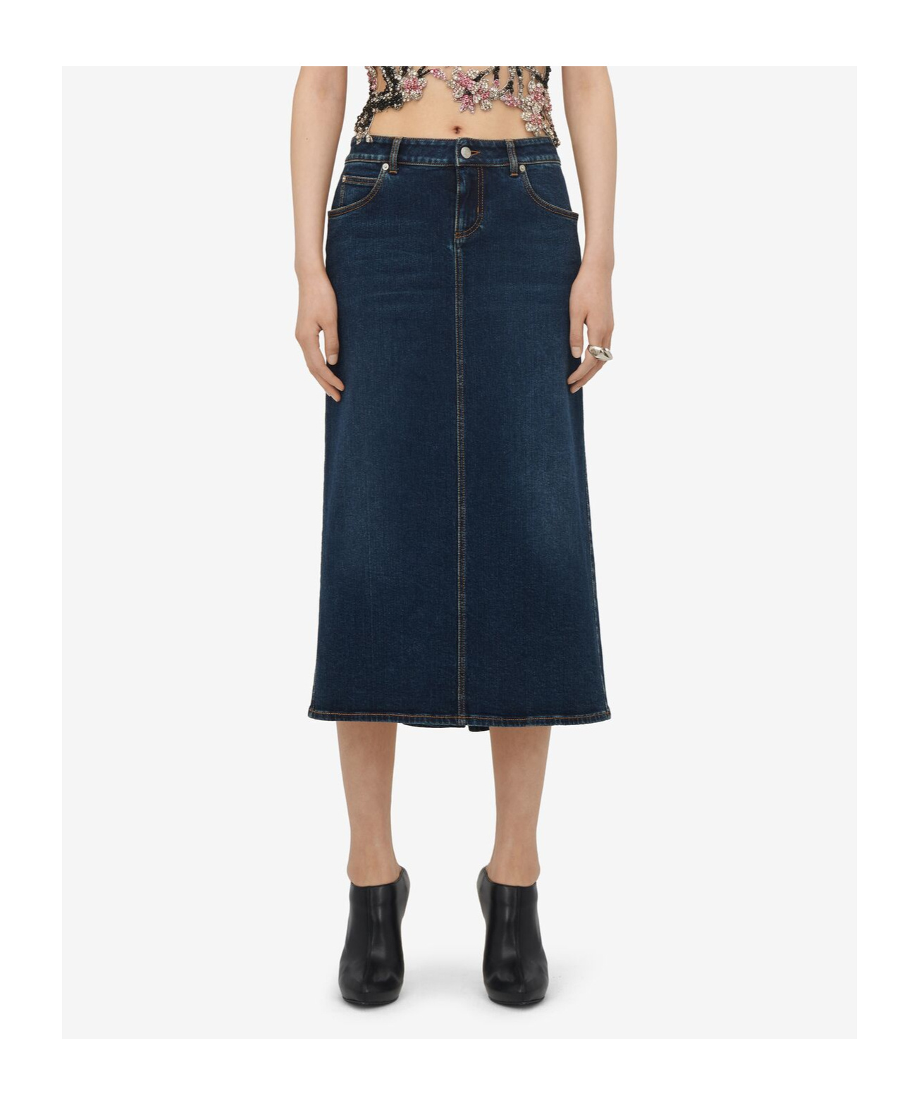 Alexander Mcqueen Log Patch Denim Midi Skirt In Blue